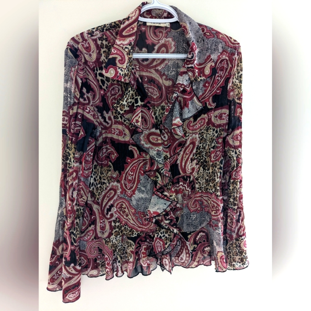 Vintage Paisley Print Ruffle Button Dow Shirt Blouse